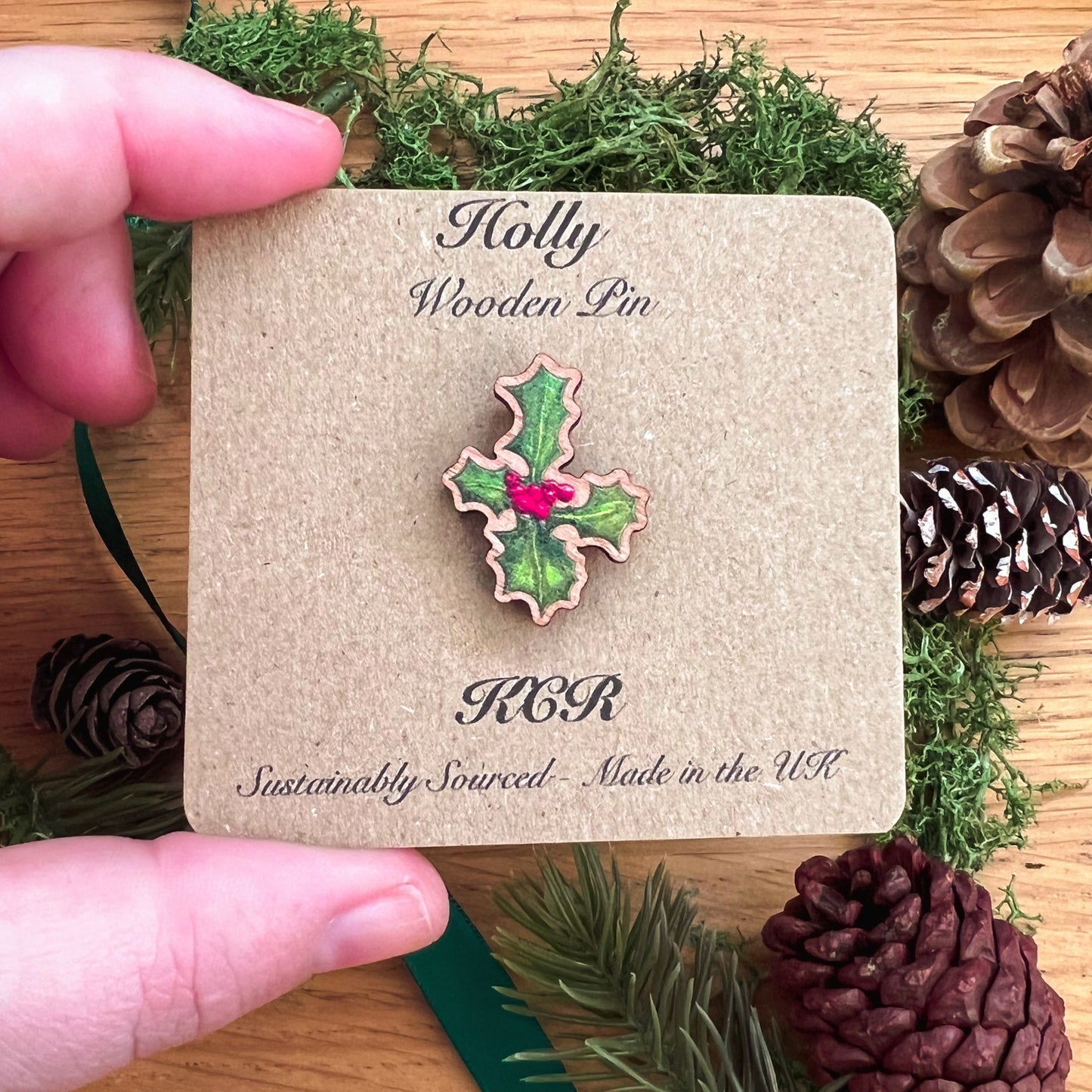 Holly Wooden Pin | Eco Friendly Nature Inspired Accessory