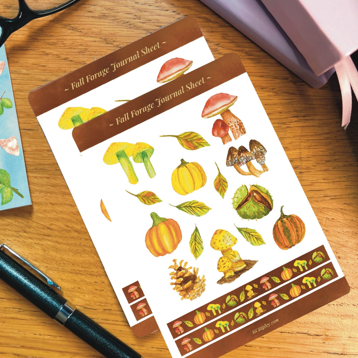 2 White sticker sheets with 15 colourful mushrooms and autumnal botanicals in a variety of sizes and colours and 2 narrow sticker strips in brown with a matching repeating botanical pattern