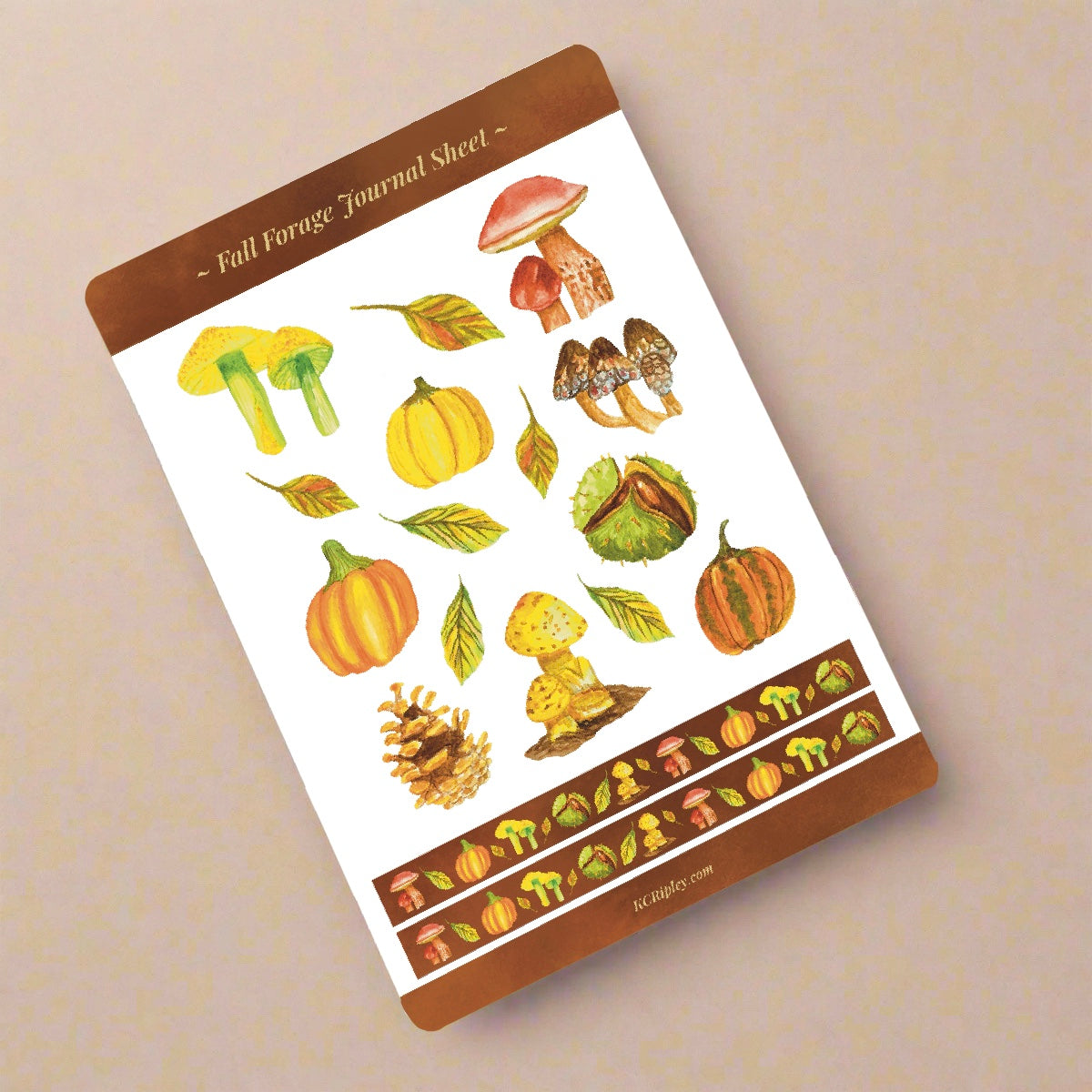 White sticker sheet with 15 colourful mushrooms and autumnal botanicals in a variety of sizes and colours and 2 narrow sticker strips in brown with a matching repeating botanical pattern