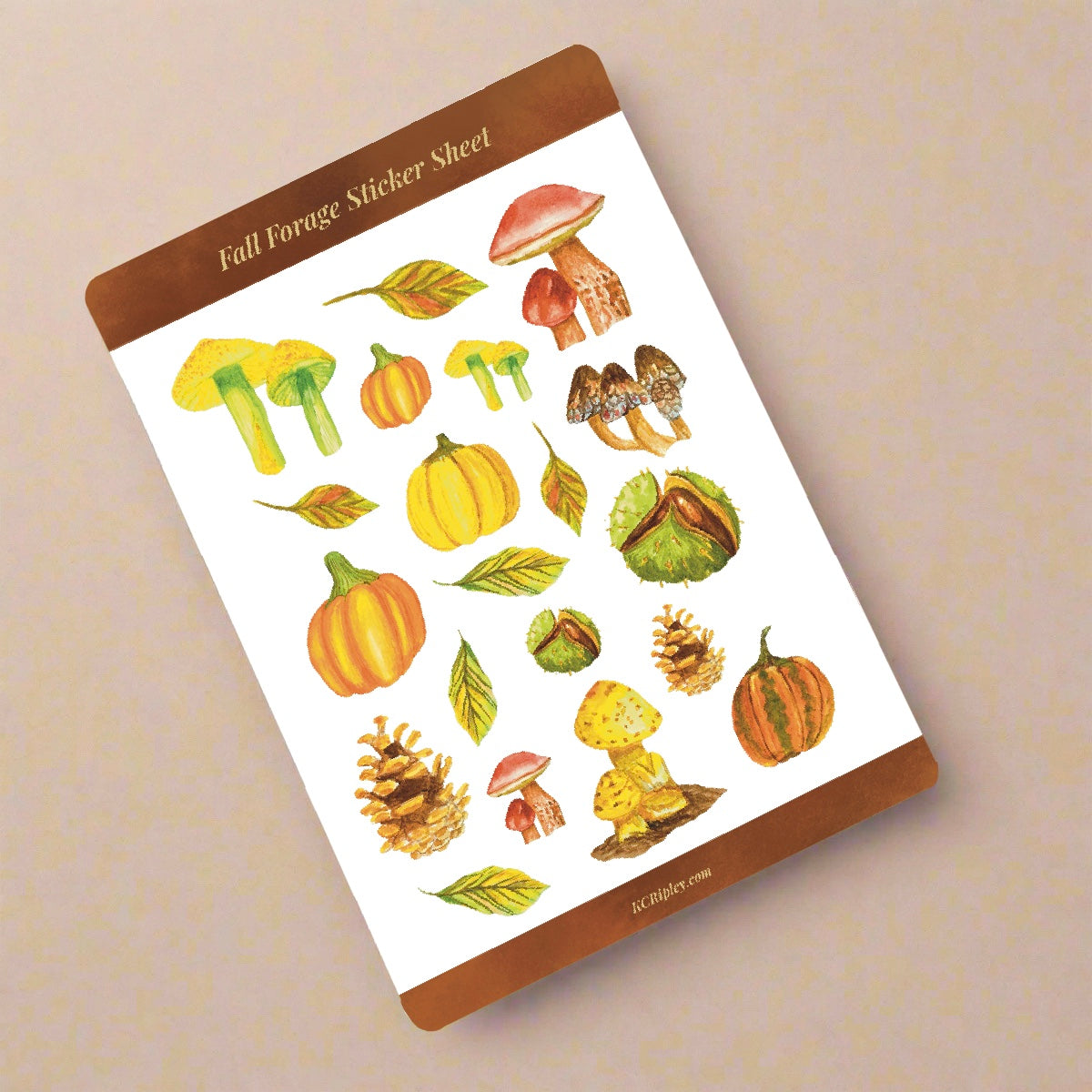 White sticker sheets with 20 colourful mushrooms and autumnal botanicals in a variety of sizes and colours, on a beige background