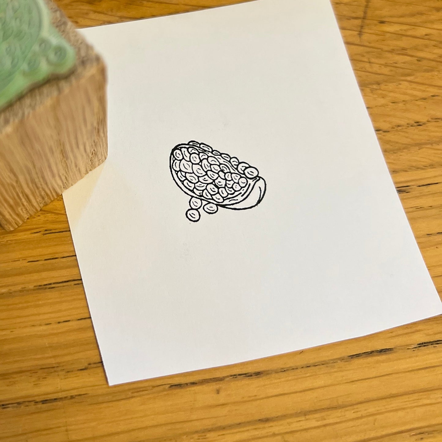 Close up showing the details of a pomegranate ink stamped on a square of white paper