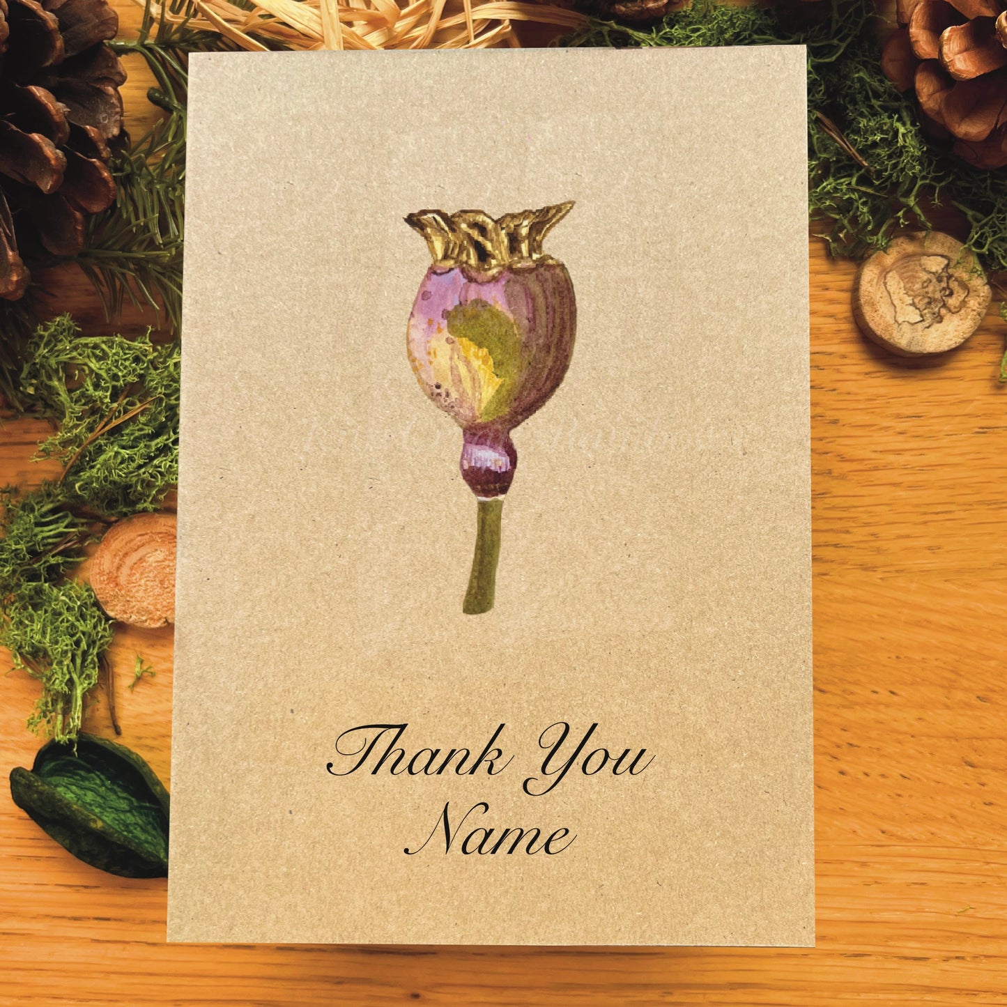Poppy seed pod painted in watercolour attached to a natural recycled Thank You Name sample greetings card