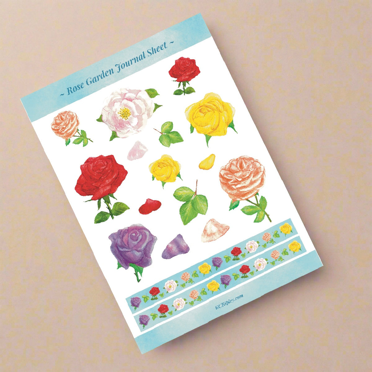 White sticker sheet with 15 colourful roses in a variety of sizes and colours with 2 sticker strips in sky blue with repeating rose pattern