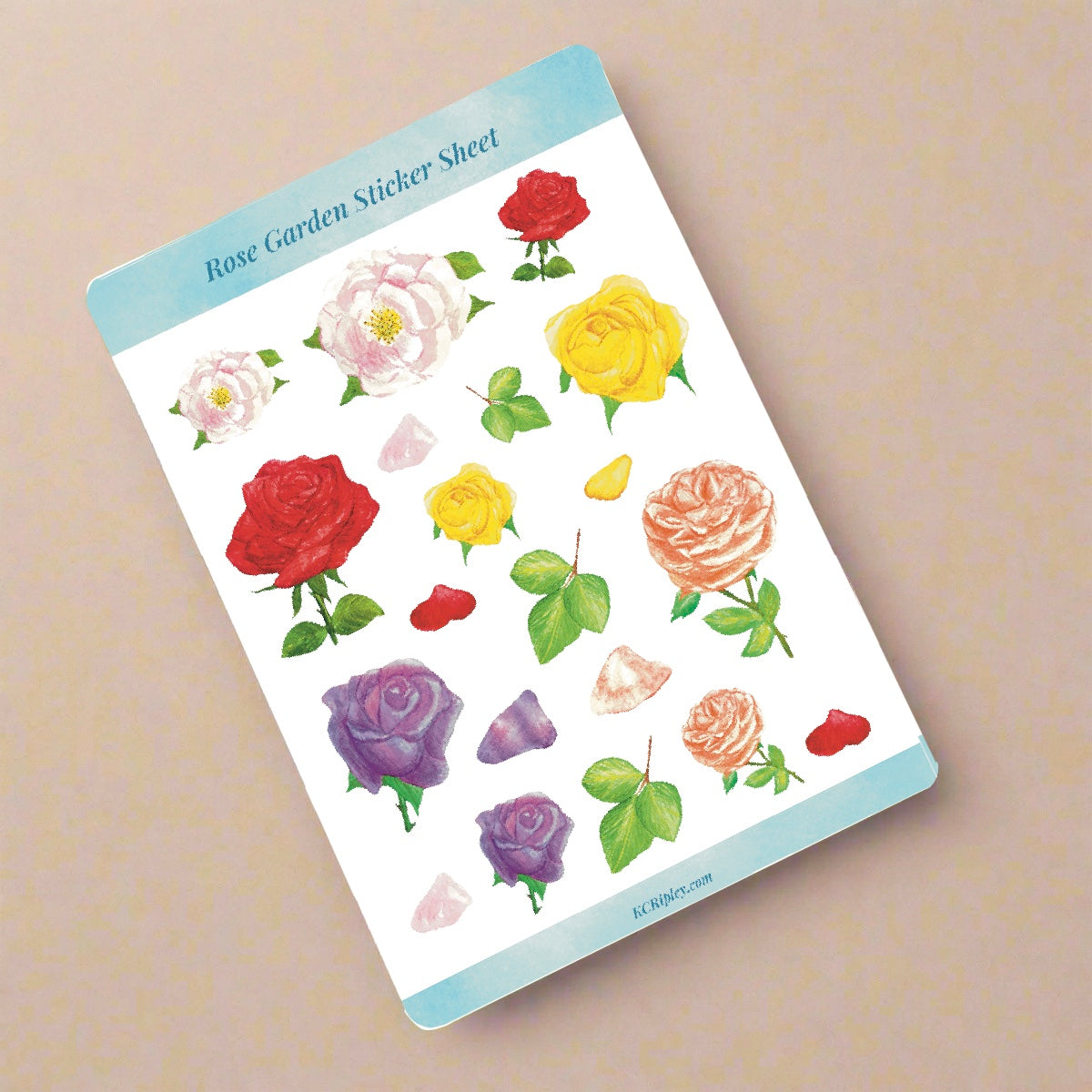 White sticker sheet with 20 colourful roses in a variety of sizes and colours