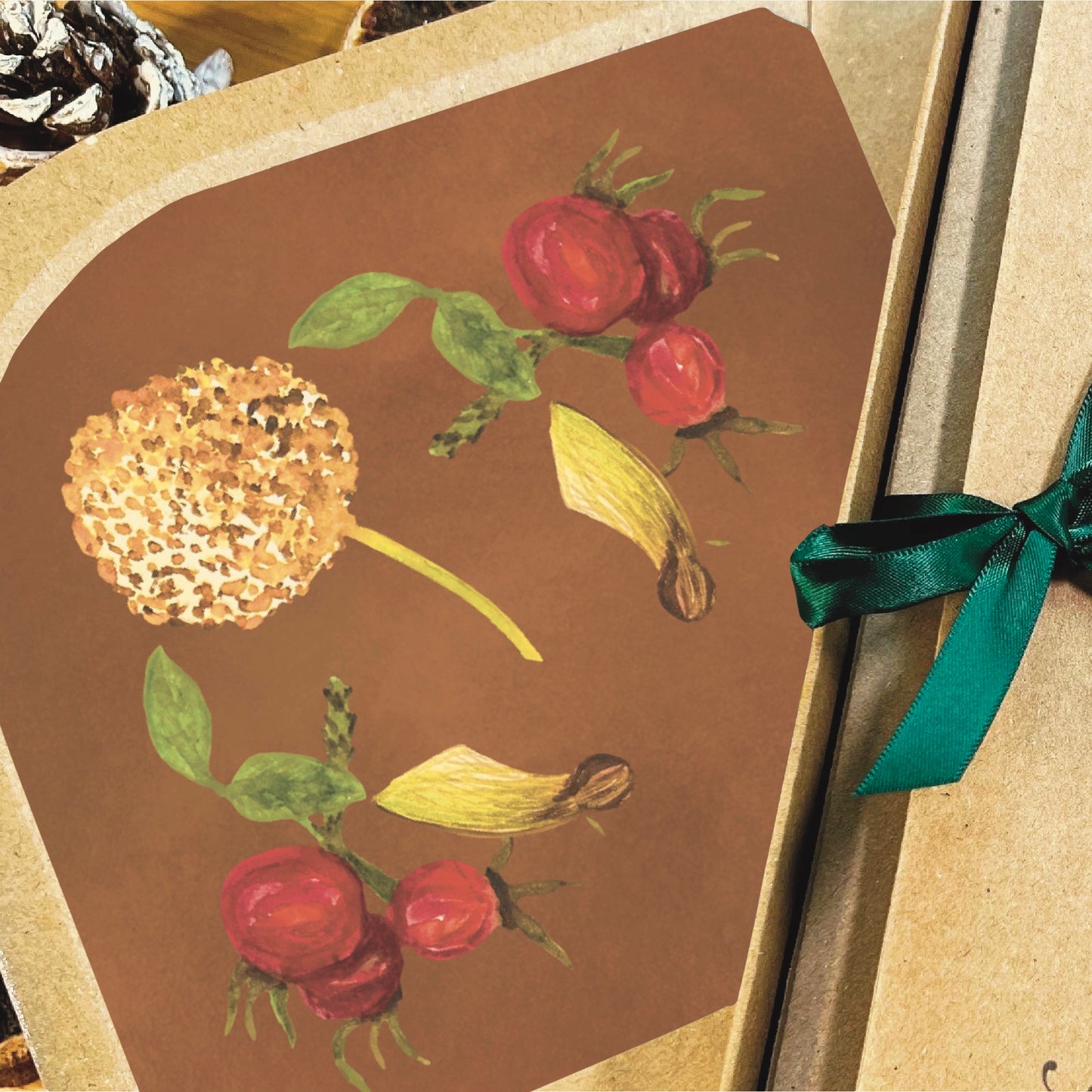 Close up of a seed and rose hip decorated inlay of a brown envelope
