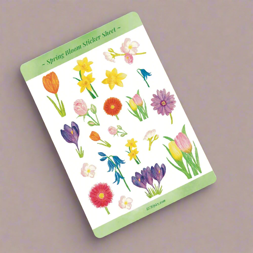 White sticker sheet with 20 spring florals in a variety of sizes