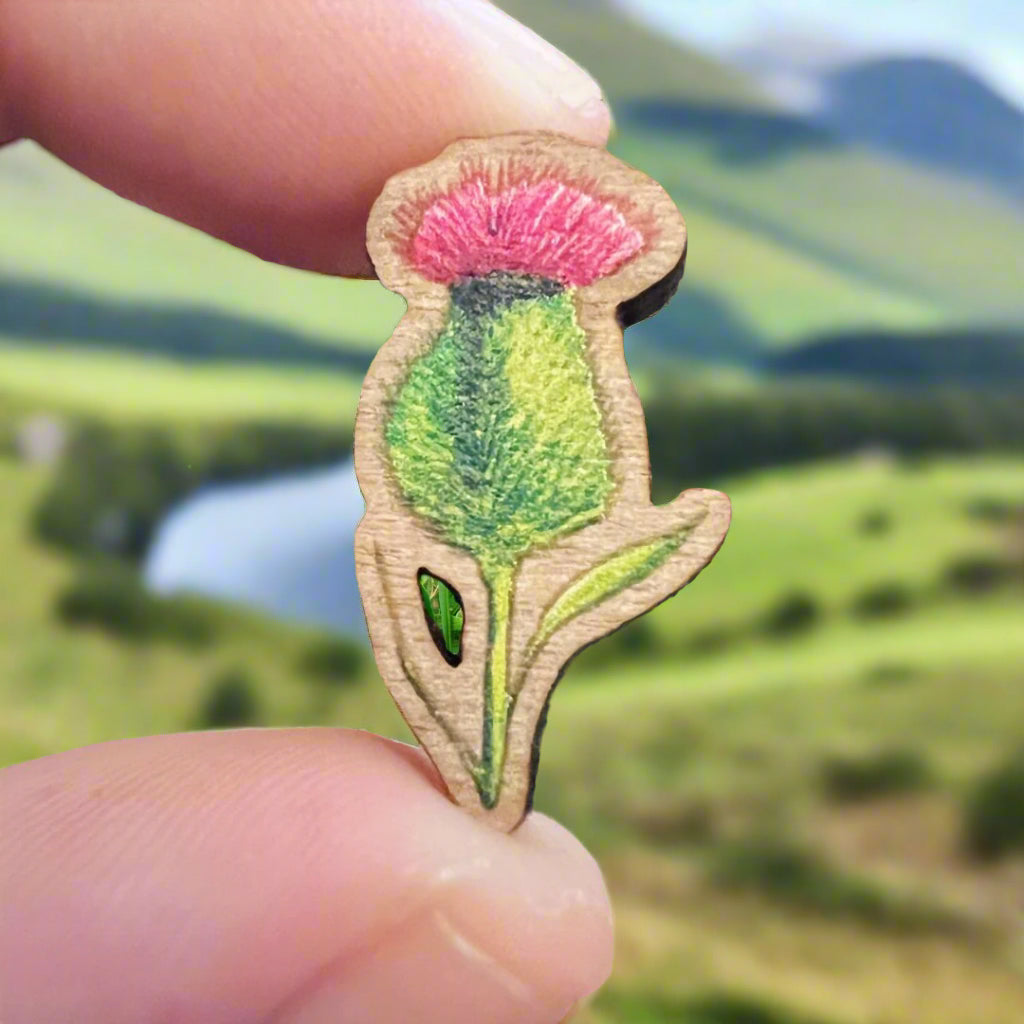 Thistle wooden pin held in front of a countryside view
