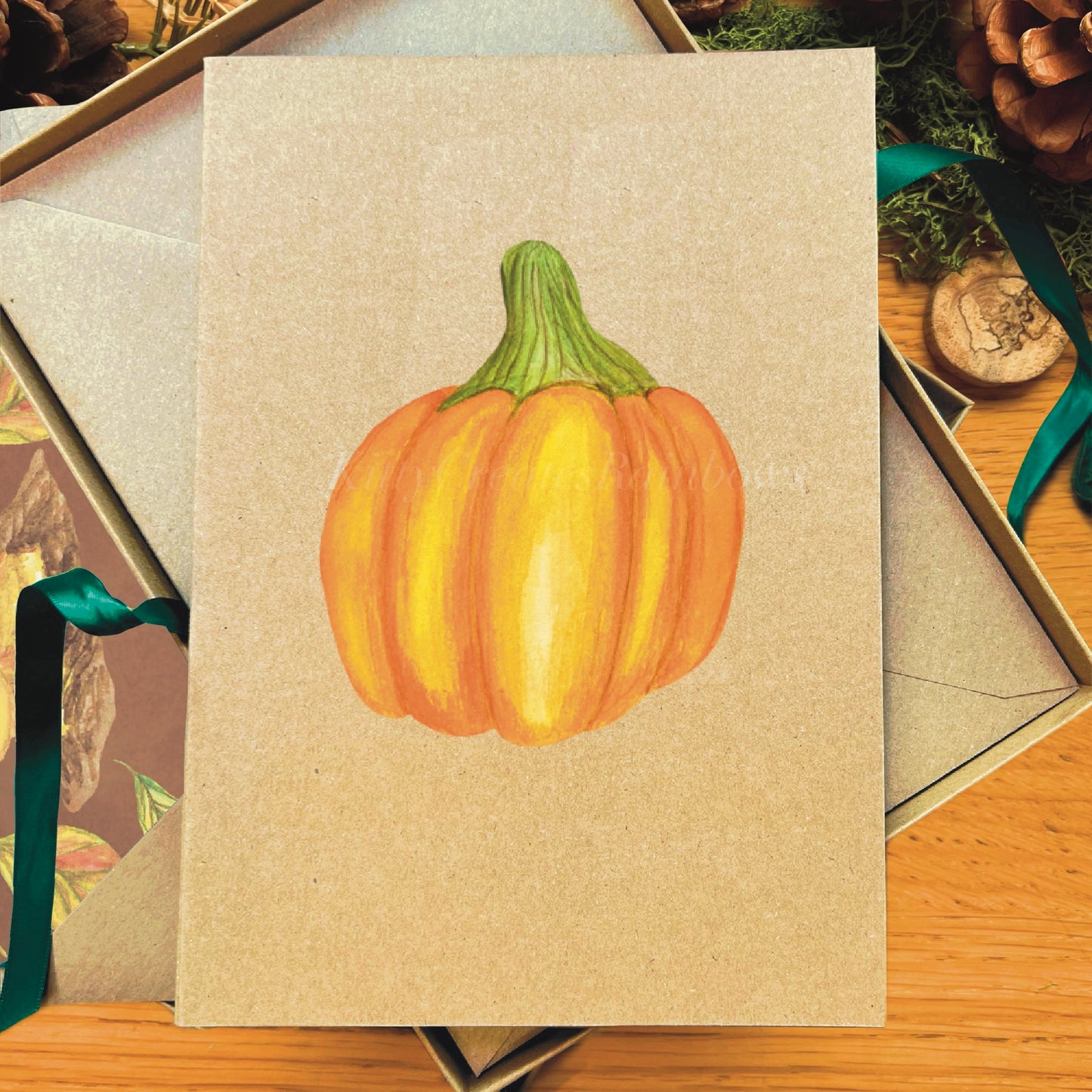 Orange Connecticut field pumpkin painted in watercolour attached to a natural recycled blank greetings card, laying in a box with an illustrated inlay envelope