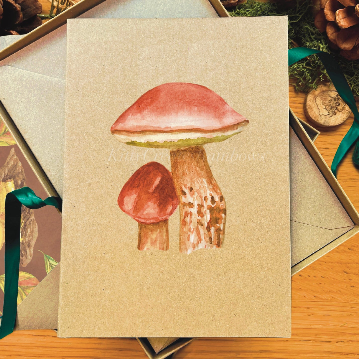 Penny bun mushroom painted in watercolour attached to a natural recycled blank greetings card, laying in a box with an illustrated inlay envelope