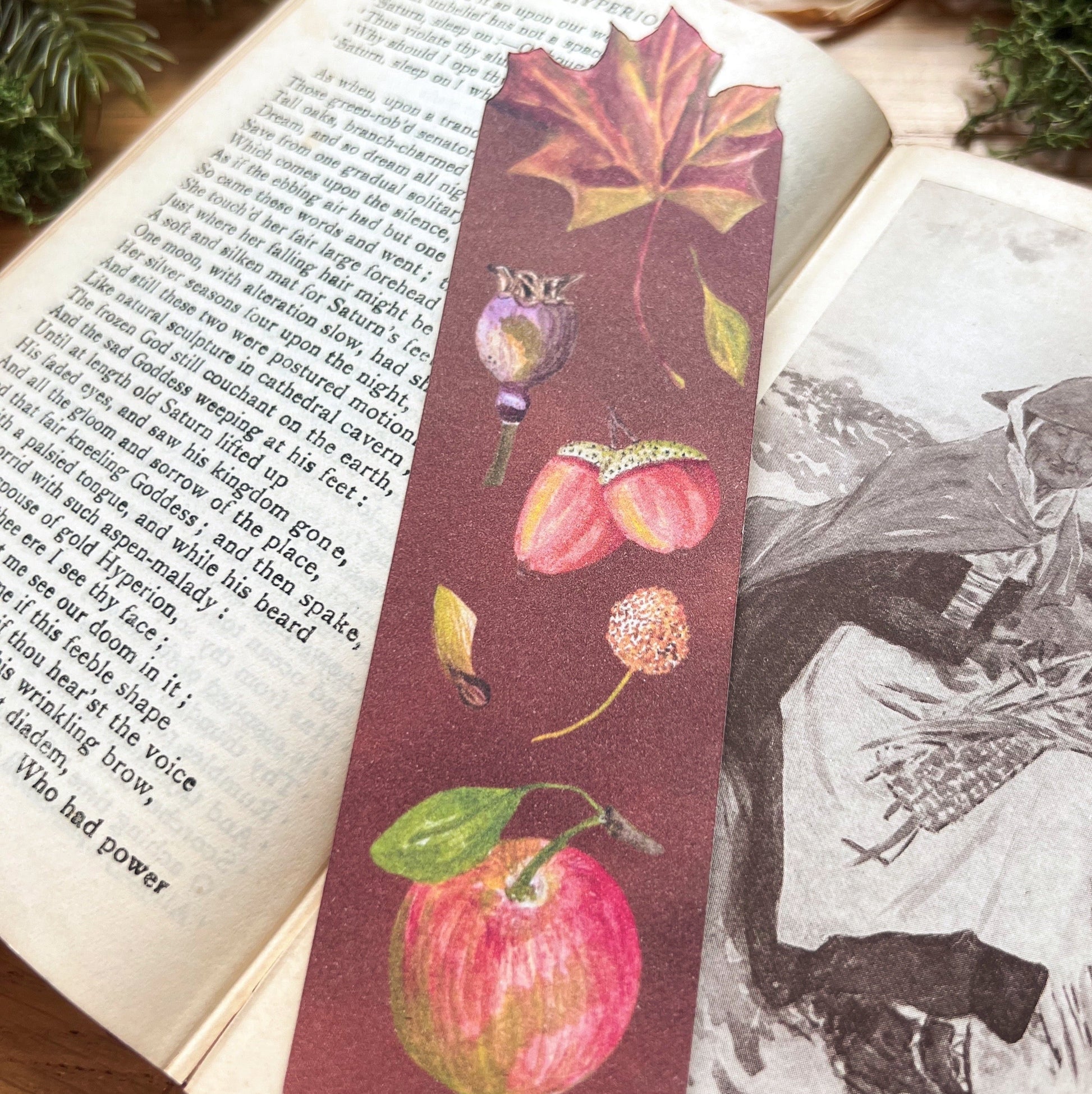 Woodland Walk bookmark fully illustrated with seed pods, acorn, apple and leaves with a deep warm brown background, with cut out of maple leaf on the top. Bookmark resting on an open poetry book sat on a wooden desk decorated with green moss and straw