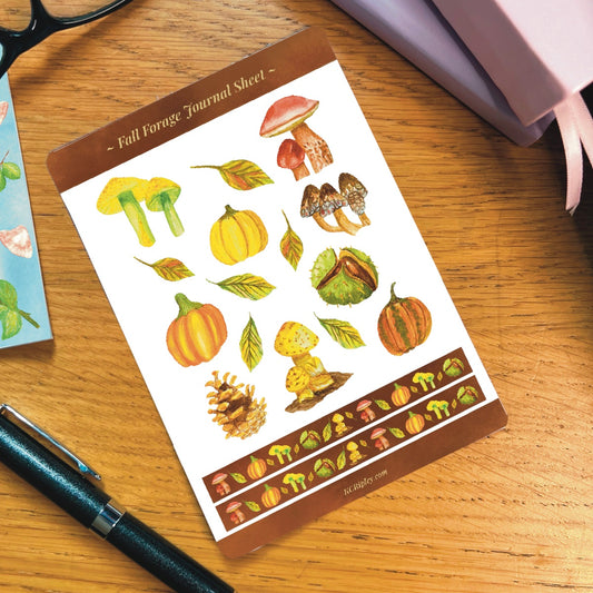 White sticker sheet with 15 colourful mushrooms and autumnal botanicals  in a variety of sizes and colours and 2 narrow sticker strips in brown with a matching repeating botanical pattern