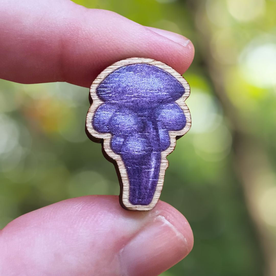 Amethyst Deceiver Mushroom Wooden Pin | Eco Friendly Accessory