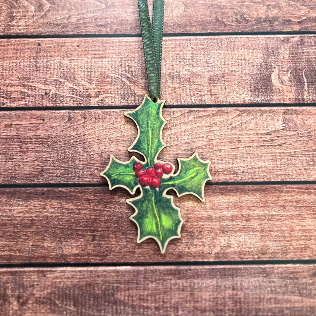 Luxury Handmade Holly Wooden Decoration | Eco-Friendly Christmas Ornament
