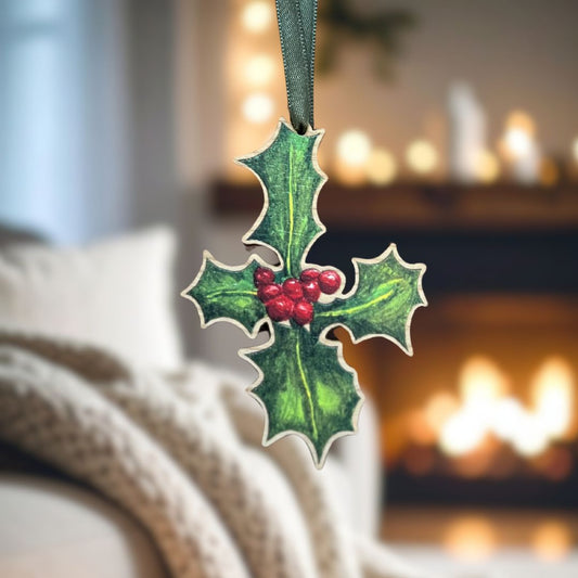 Luxury Handmade Holly Wooden Decoration | Eco-Friendly Christmas Ornament