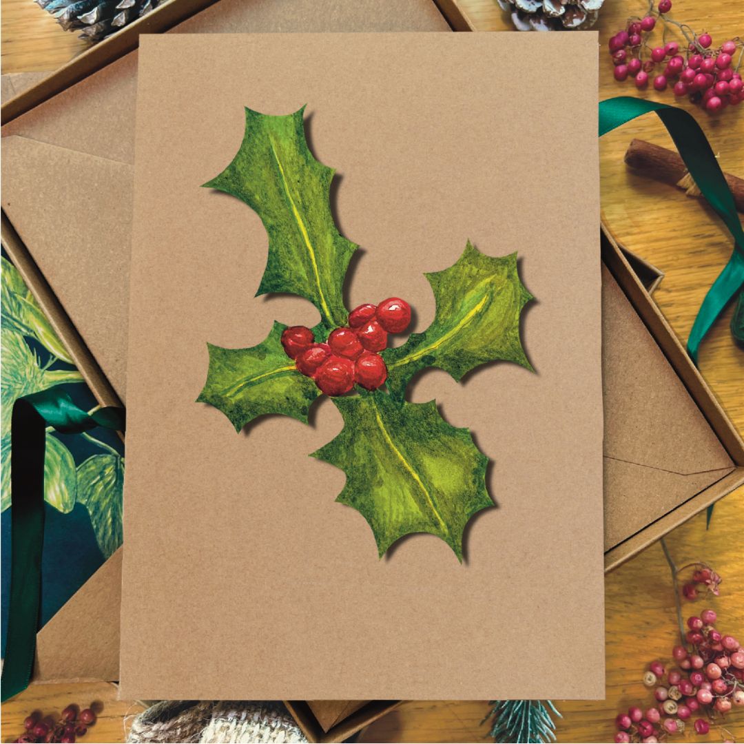 Luxury Handmade Holly Christmas Card | Eco-Friendly & Personalised