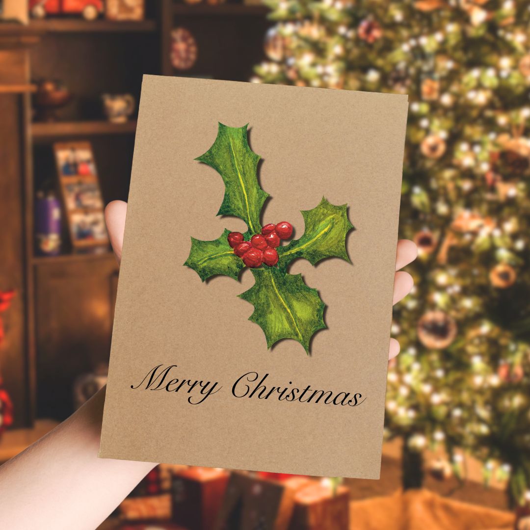 Luxury Handmade Holly Christmas Card | Eco-Friendly & Personalised