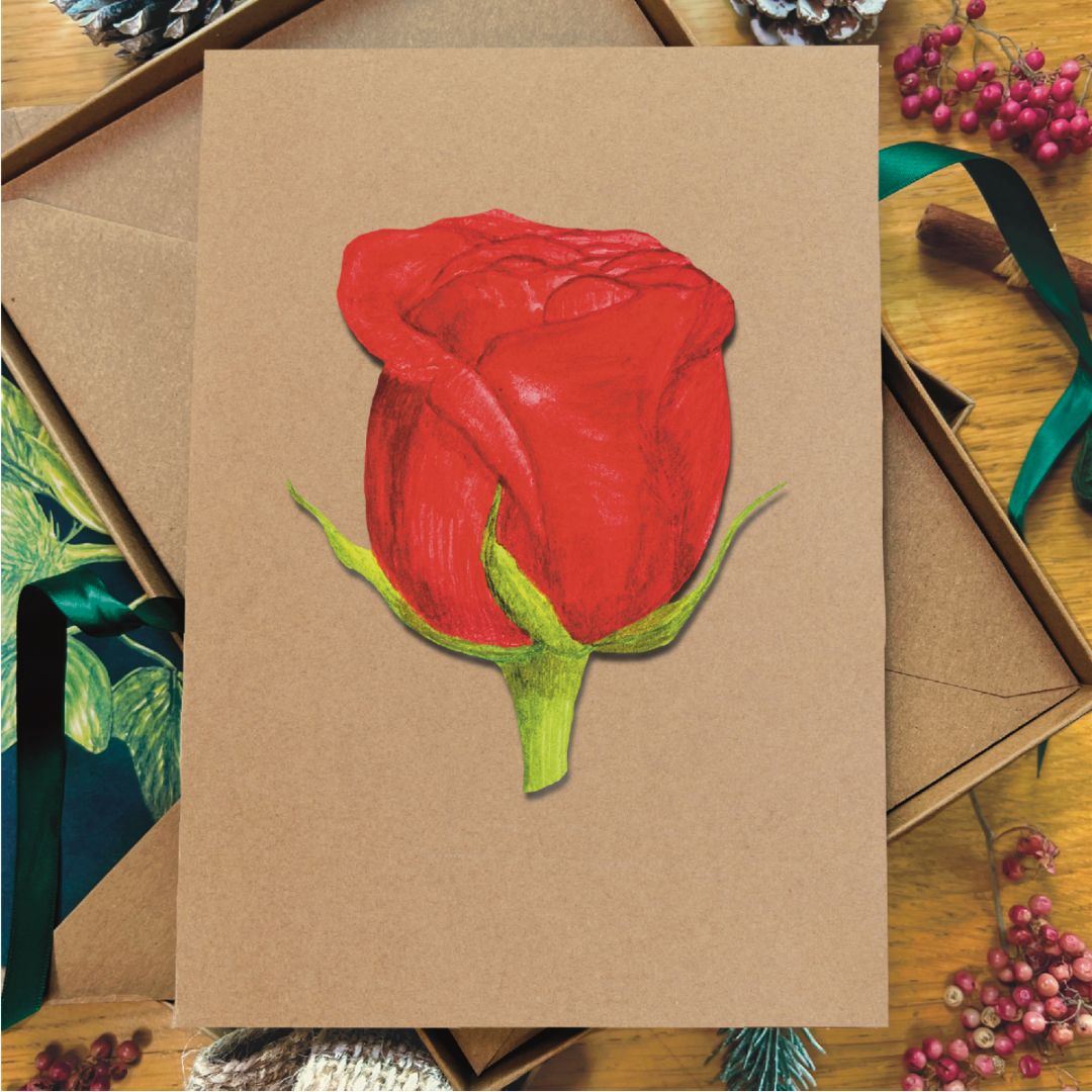 Luxury Handmade Red Rose Bud Christmas Card | Eco-Friendly & Personalised