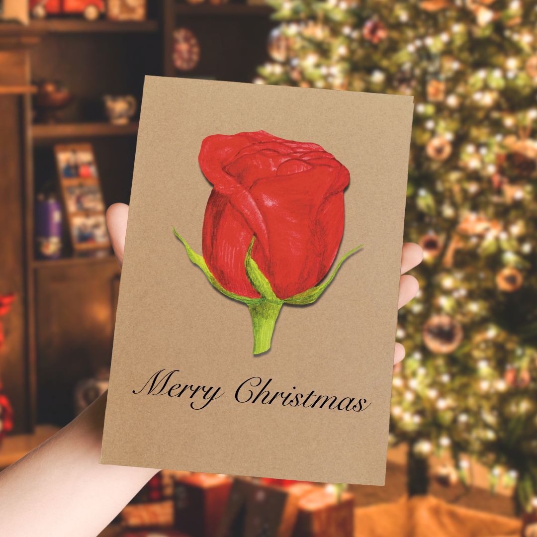 Luxury Handmade Red Rose Bud Christmas Card | Eco-Friendly & Personalised