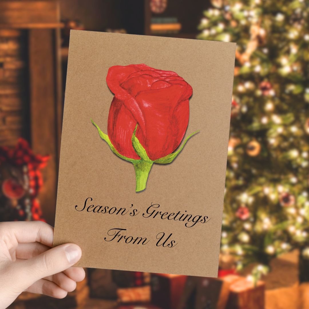 Luxury Handmade Red Rose Bud Christmas Card | Eco-Friendly & Personalised