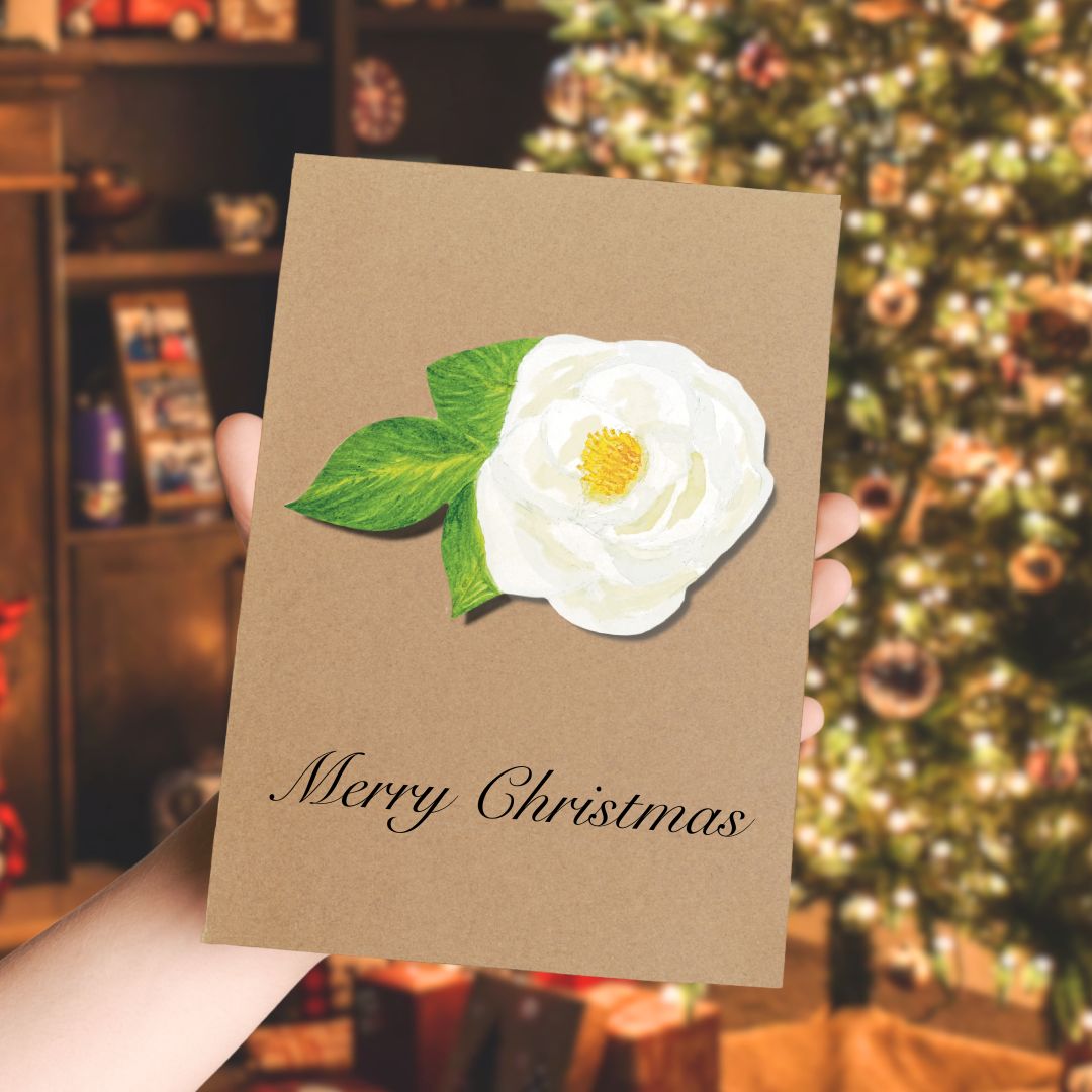 Luxury Handmade White Rose Christmas Card | Eco-Friendly & Personalised