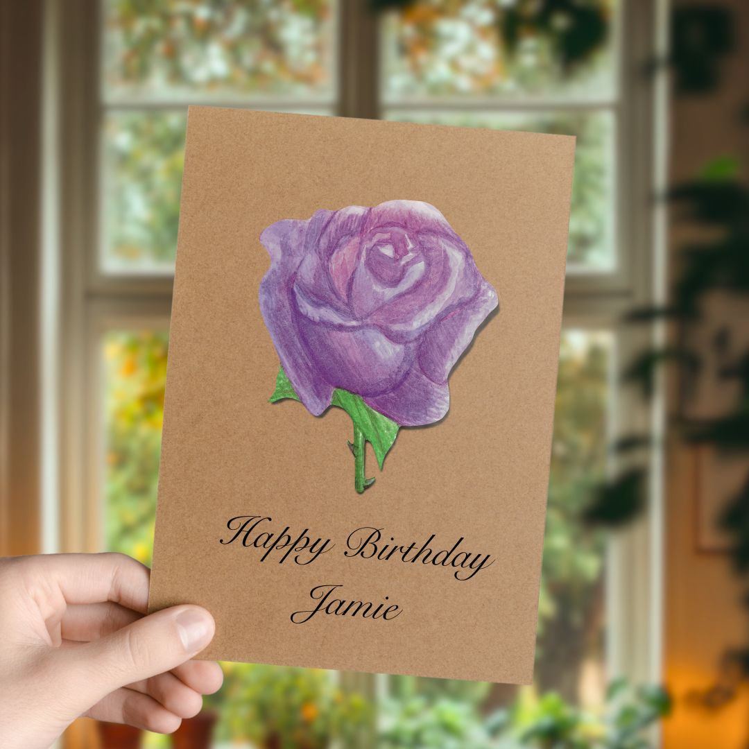 Handmade Lavender Rose Greetings Card | Personalised & Eco Friendly