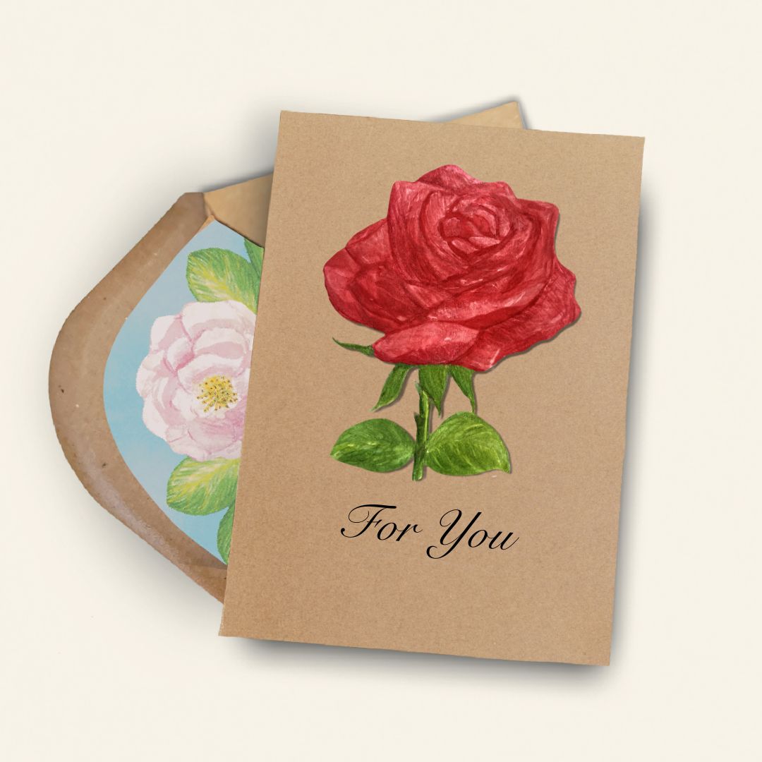 Handmade Red Rose in Bloom Greetings Card | Personalised & Eco Friendly