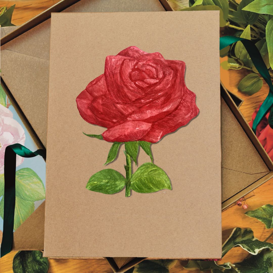 Handmade Red Rose in Bloom Greetings Card | Personalised & Eco Friendly