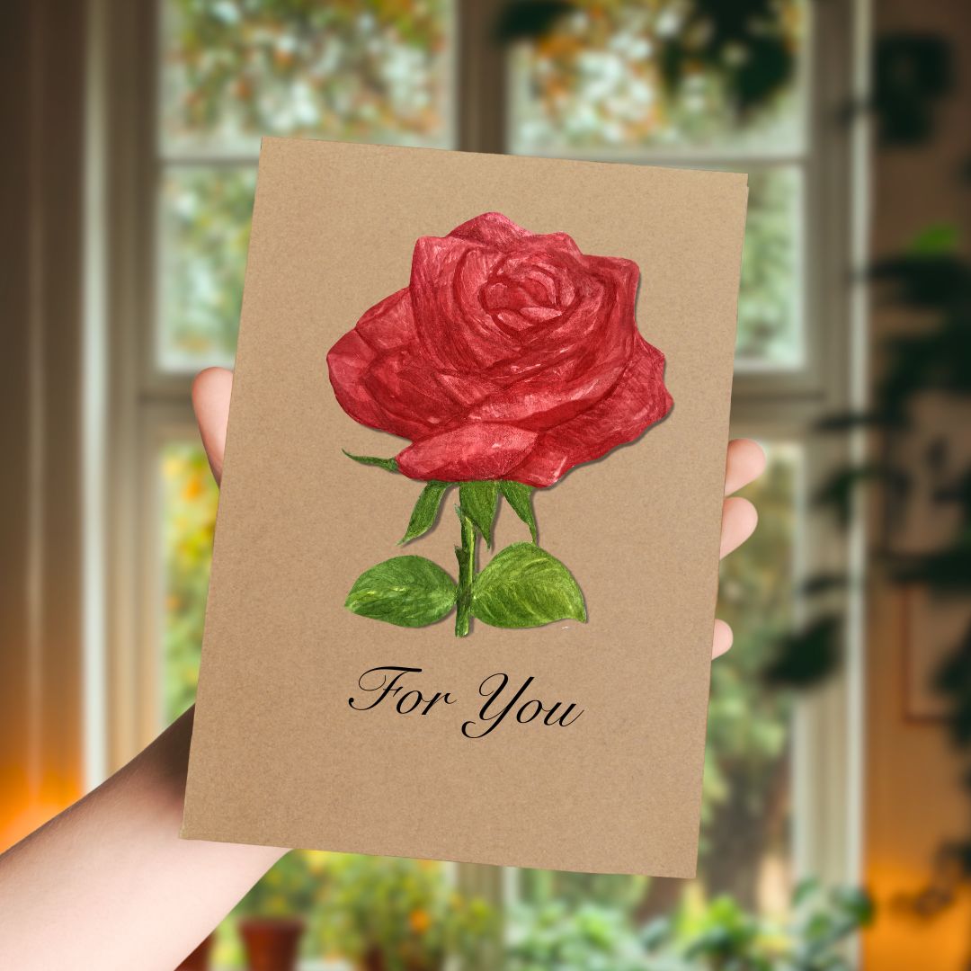 Handmade Red Rose in Bloom Greetings Card | Personalised & Eco Friendly