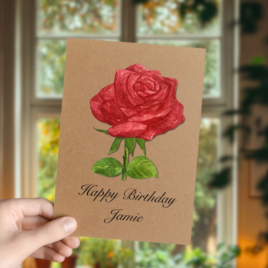 Handmade Red Rose in Bloom Greetings Card | Personalised & Eco Friendly
