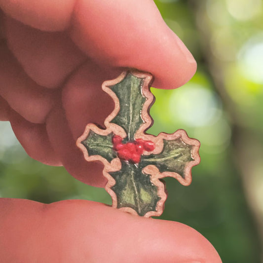 Luxury Handmade Holly Wooden Pin | Eco-Friendly & Festive