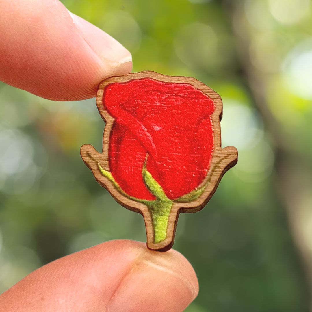 Luxury Handmade Red Rose Bud Wooden Pin | Eco-Friendly & Romantic