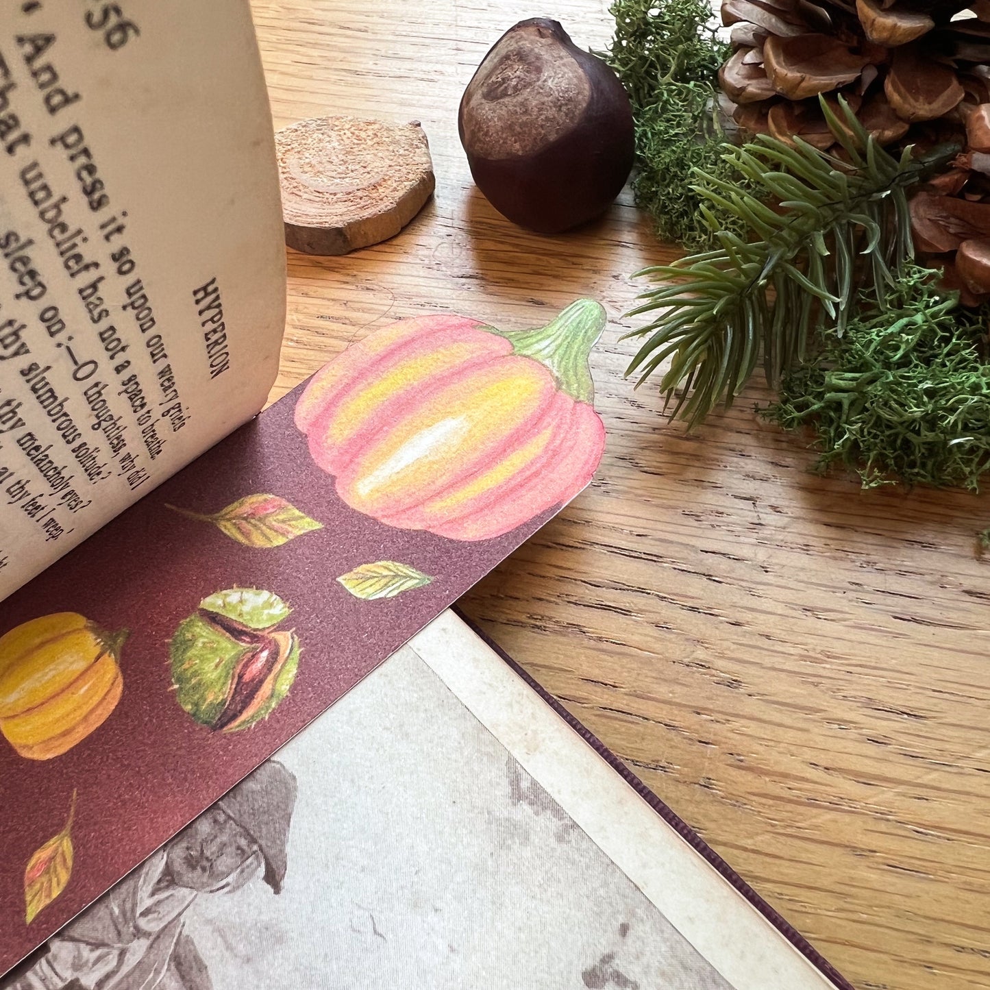 Close up of the Fall Forage Pumpkin Bookmark featuring two orange and one yellow pumpkins with autmnal leabes tumbling dow the illustrated bookmark. An orange Cinderella pumpkin is cut out at the top, and the bookmark is between the closing pages of a book